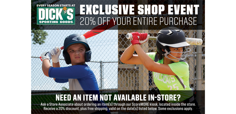 20% off at Dicks Sporting Goods 8/18-8/21